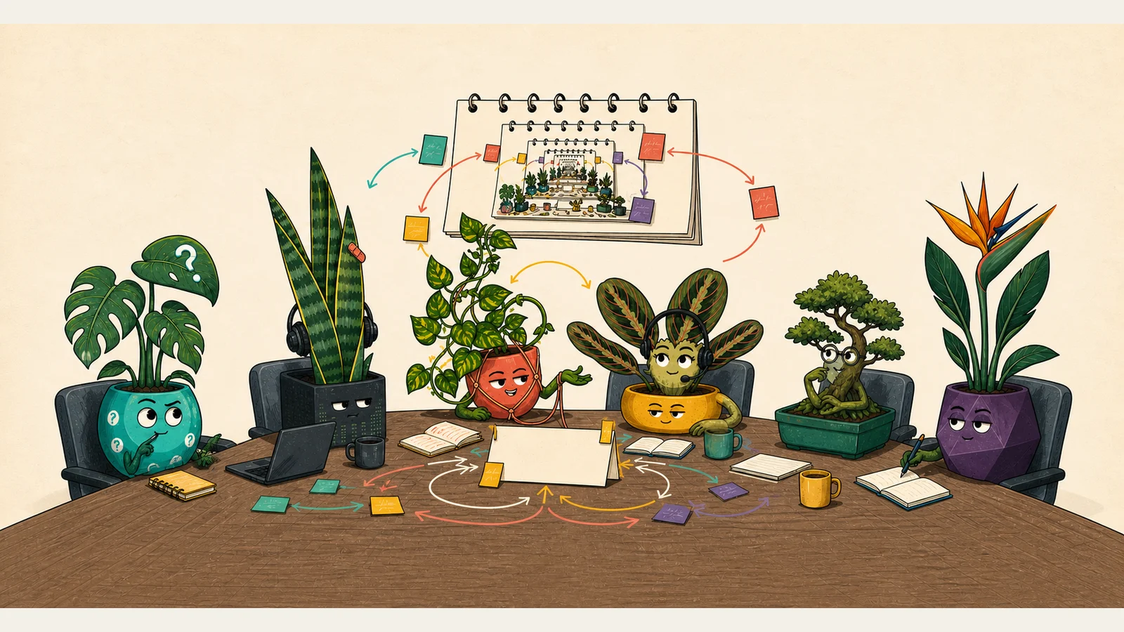 Plant characters sit around a long meeting table while a nesting-doll calendar and looping sticky-note arrows float above them.
