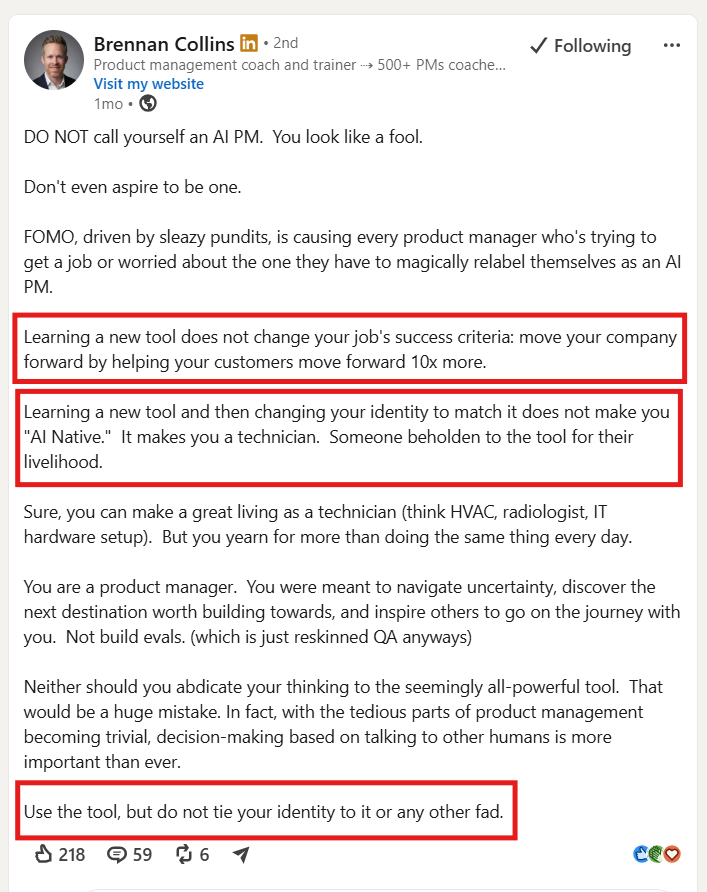 Screenshot of Brennan Collins's LinkedIn post arguing that product managers should not relabel themselves as AI PMs because of FOMO.